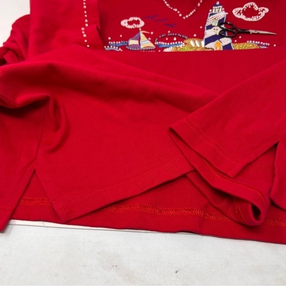 Quacker Factory Red Sequined Beaded Lighthouse Sailboat 3/4 Sleeve Cotton Top 1X - Picture 7 of 12